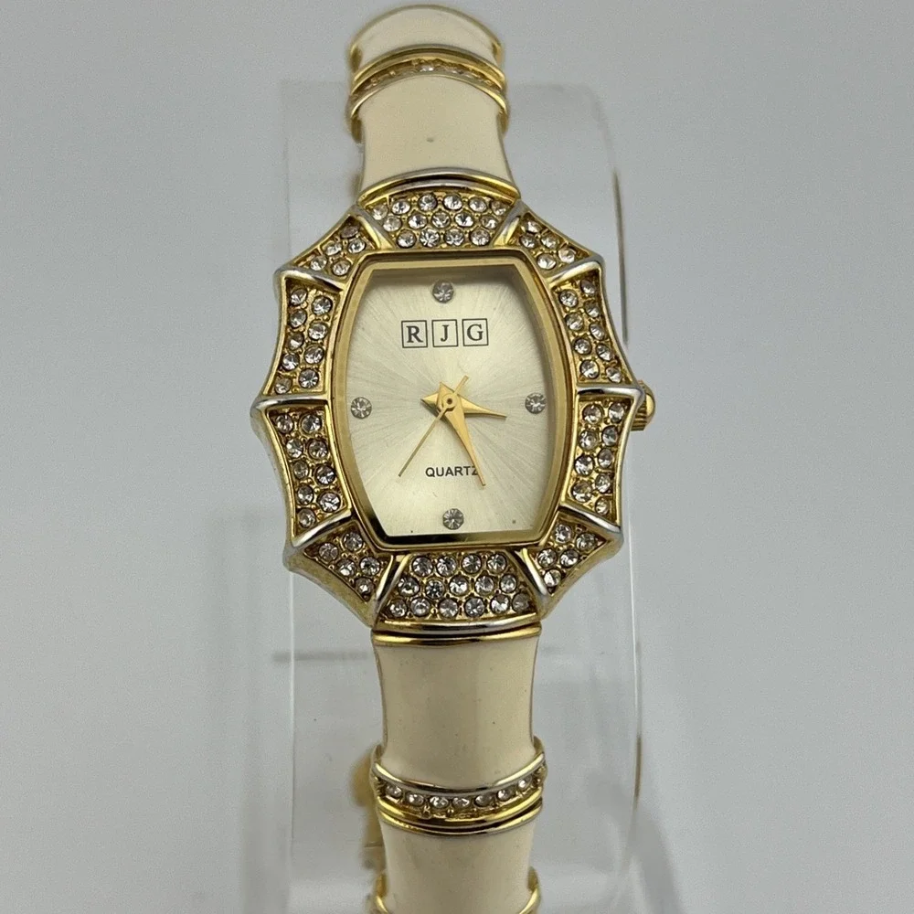 R.J. Graziano Watch Women Cream Enamel & Crystals Gold Bangle- New Battery